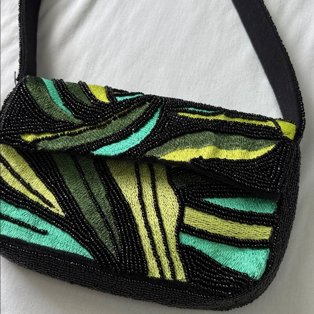 Beaded Black Green Multicolor Shoulder Bag Purse - Picture 2 of 4